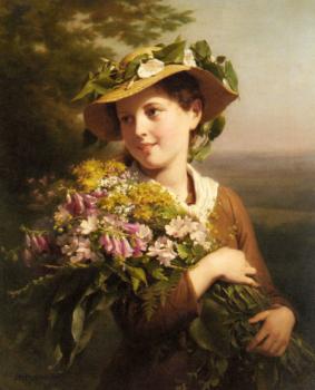 Fritz Zuber-Buhler : A Young Beauty holding a Bouquet of Flowers